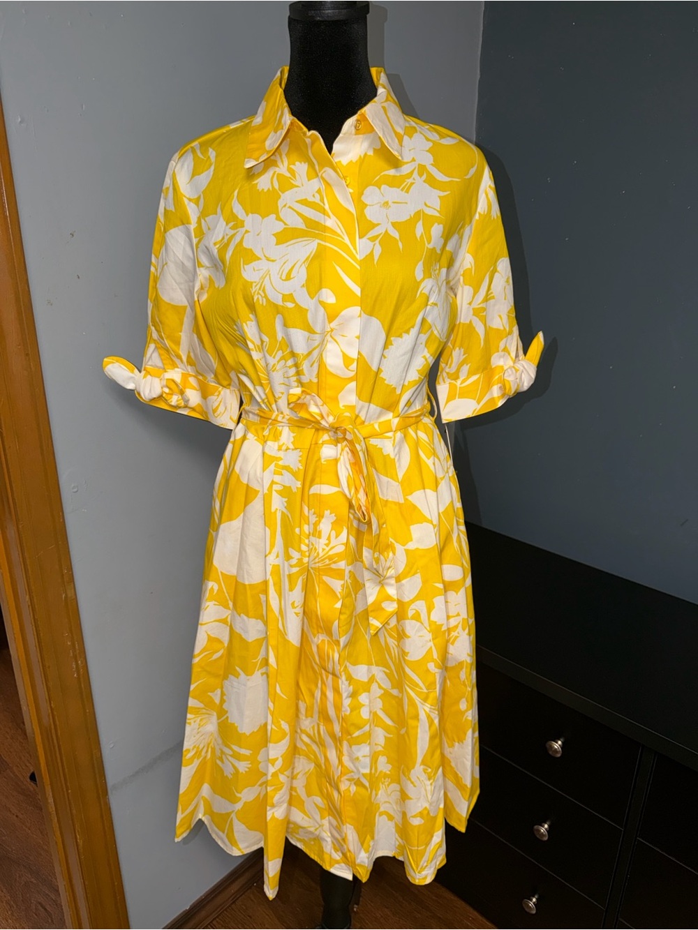 Calvin Klein Yellow and White Floral Tie-Front Midi Dress